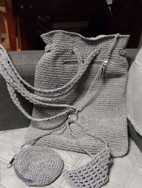 Handmade Gray Crochet Drawstring Tote Bag with Coin Purse
